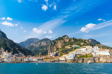 Fototapeta na wymiar Panoramic view of Amalfi. Italian seaside town on coastline of Tyrrhenian Sea