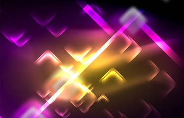 Neon square and line lights on dark background with blurred effects