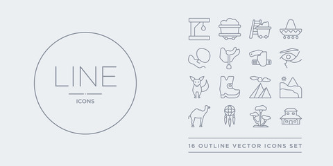 16 line vector icons set such as desert saloon, desert tree, dream catcher, dromedary, dunes contains egypt, far west boot, fennec, hieroglyph. desert saloon, tree, dream catcher from outline icons.