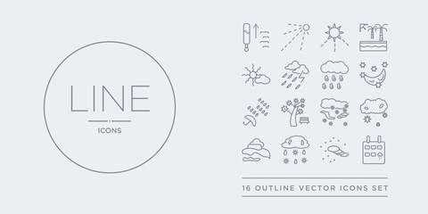 16 line vector icons set such as rainy day, sand storms, sleet, smog, snow cloud contains snow storms, spring, sprinkle weather, starry night. rainy day, sand storms, sleet from weather outline