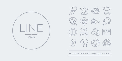 16 line vector icons set such as isobars, last quarter, light bolt, lightning, meteorology contains mist, moonrise, new moon, night. isobars, last quarter, light bolt from weather outline icons. - obrazy, fototapety, plakaty