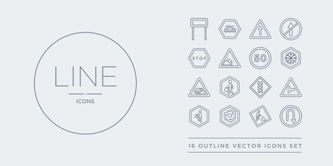 16 line vector icons set such as roundabout, school ahead, side road,  , skateboard contains slippery, slope, snow, speed limit. roundabout, school ahead, side road from traffic sign outline icons.