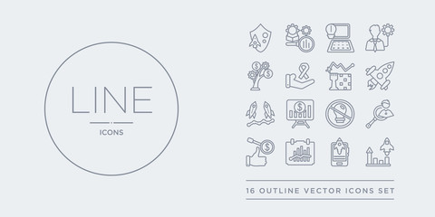 16 line vector icons set such as quality, quick, rate, reaction, resources contains restrict, rise, rivalry, rocket. quality, quick, rate from startup outline icons. thin, stroke elements