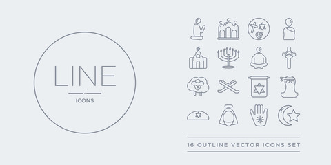 16 line vector icons set such as islam, jainism, jesus, jewish, jihad contains judaism, koran, lamb, last supper. islam, jainism, jesus from religion outline icons. thin, stroke elements