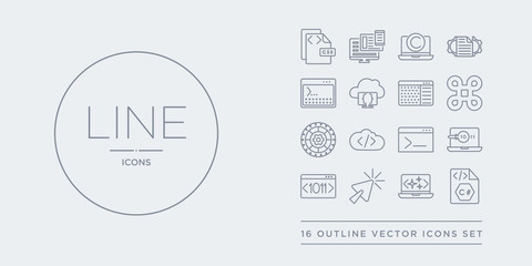 16 line vector icons set such as c sharp, clean code, click, code, code review contains terminal, coding, cogwheel, command. c sharp, clean click from programming outline icons. thin, stroke