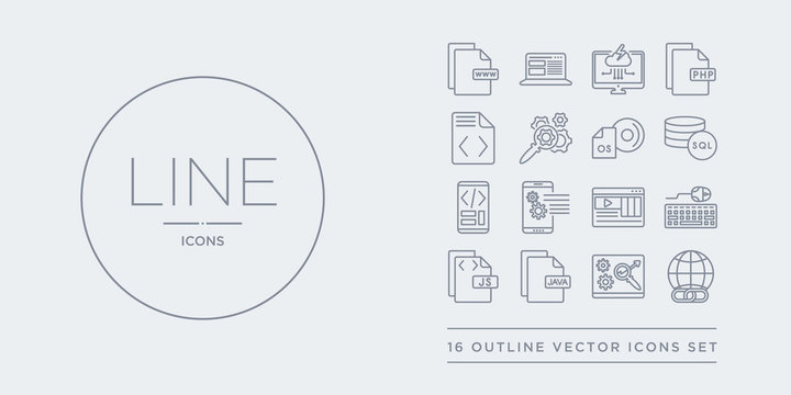16 line vector icons set such as hyperlink, image seo, java, js, keyboard and mouse contains landing page, mobile app, mobile development, mysql. hyperlink, image seo, java from programming outline