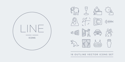 16 line vector icons set such as ceramic, closed, curtain, dinosaur, el greco contains excursion, exhibit, exhibition, fishbone. ceramic, closed, curtain from museum outline icons. thin, stroke © t-vector-icons