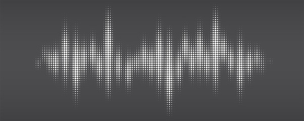 White halftone pattern, audio waveform. Modern design rhythm of heart. Sound wave spectrum. Abstract dotted ornament isolated on black background - obrazy, fototapety, plakaty