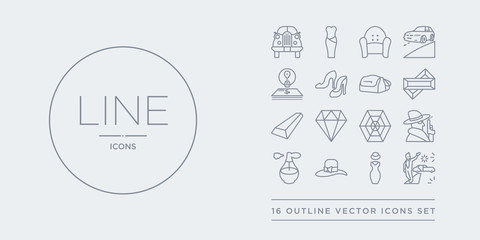 16 line vector icons set such as famous, fashion, fedora hat, fragrance, ganster contains gem, gemstone, gold bar, gold ingot. famous, fashion, fedora hat from luxury outline icons. thin, stroke