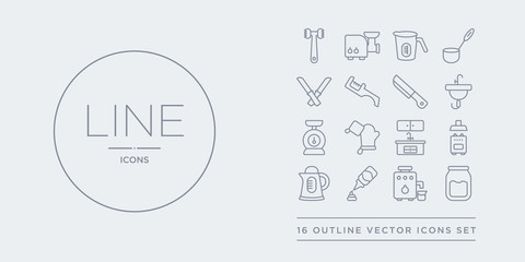 16 line vector icons set such as jar, juicer, ketchup, kettle, kitchen contains kitchen cabinet, kitchen mitten, scale, tap. jar, juicer, ketchup from outline icons. thin, stroke elements