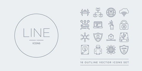 16 line vector icons set such as gdpr shield, global network, hacker, hard disc, hard drive contains home network, https, hub, insecure. gdpr shield, global network, hacker from internet security