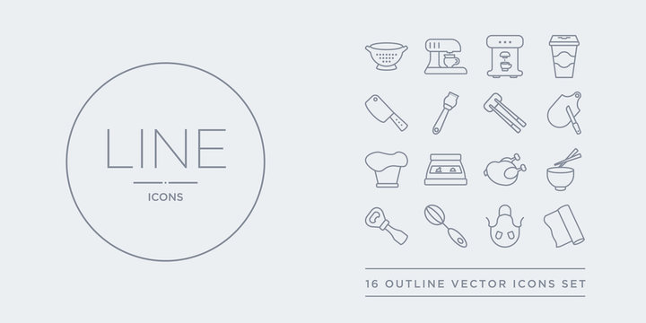 16 line vector icons set such as aluminum foil, apron, beater, bottle opener, bowl contains broiler, bun warmer, chef hat, chopping board. aluminum foil, apron, beater from kitchen outline icons.