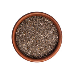 Chia seeds in bowl isolated on white background. Top view