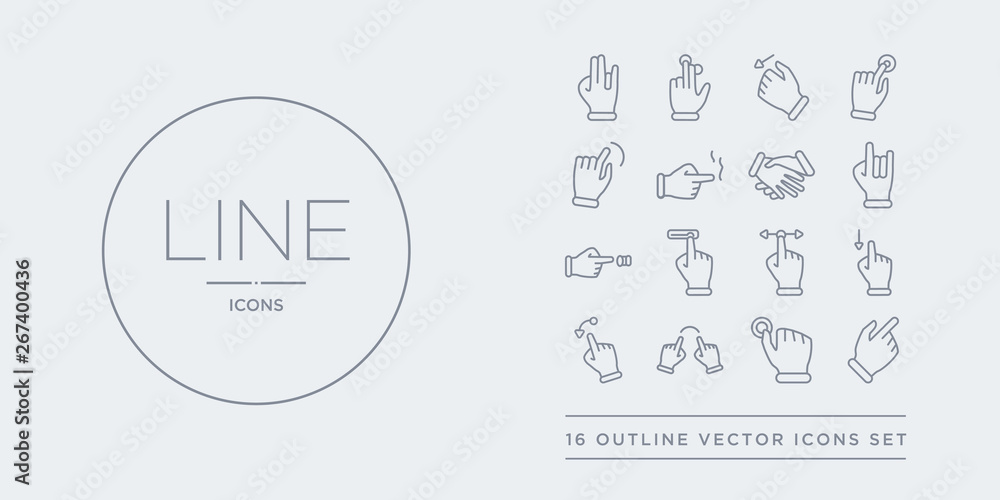 Poster 16 line vector icons set such as push one finger and twist back, push one finger and wait, push to e