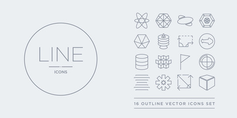 16 line vector icons set such as 3d cube, angle, asterisk, center alignment, circle contains corner, cubes, cylinder, diameter. 3d cube, angle, asterisk from geometry outline icons. thin, stroke