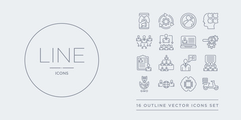 16 line vector icons set such as food delivery, future technology, global team, gmo, group opinion contains hr manager, hr planning, hr policies, services. food delivery, future technology, global