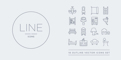 16 line vector icons set such as adornment, armchair, bath, bed, bedroom contains bedroom lamp, bedside table, bench, bidet. adornment, armchair, bath from furniture and household outline icons.