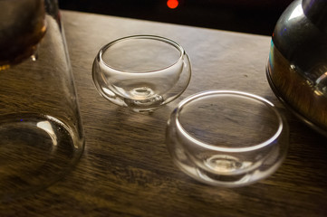 Vacuum glass tea cup for chinese puer tea, close-up, macro