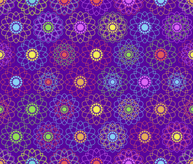 seamless guilloche line pattern in primary colours on an indigo background