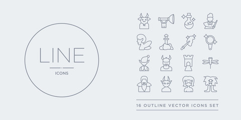 16 line vector icons set such as cyclops, damsel, devil, dracula, dragonfly contains drawbridge, dwarf, elf, enchanted mirror. cyclops, damsel, devil from fairy tale outline icons. thin, stroke