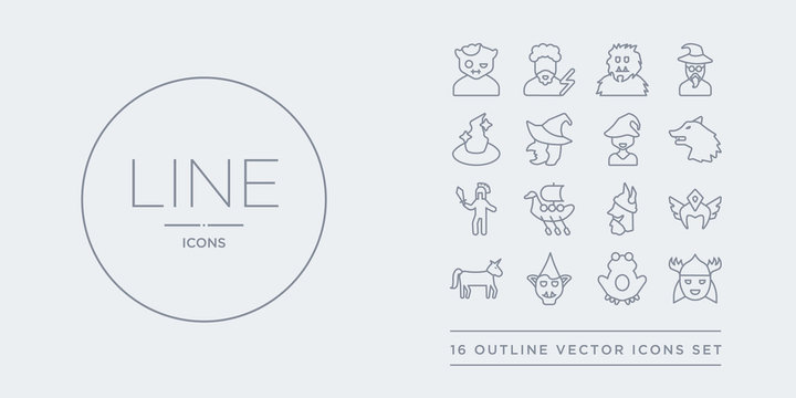 16 line vector icons set such as thor, toad, troll, unicorn, valkyrie contains viking, viking ship, warrior, werewolf. thor, toad, troll from fairy tale outline icons. thin, stroke elements