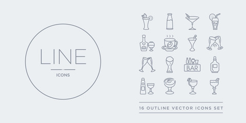 16 line vector icons set such as daiquiri, french 75, manhattan drink, sidecar drink, alcohol contains bar, beer, champagne, cheers. daiquiri, french 75, manhattan drink from drinks outline icons.