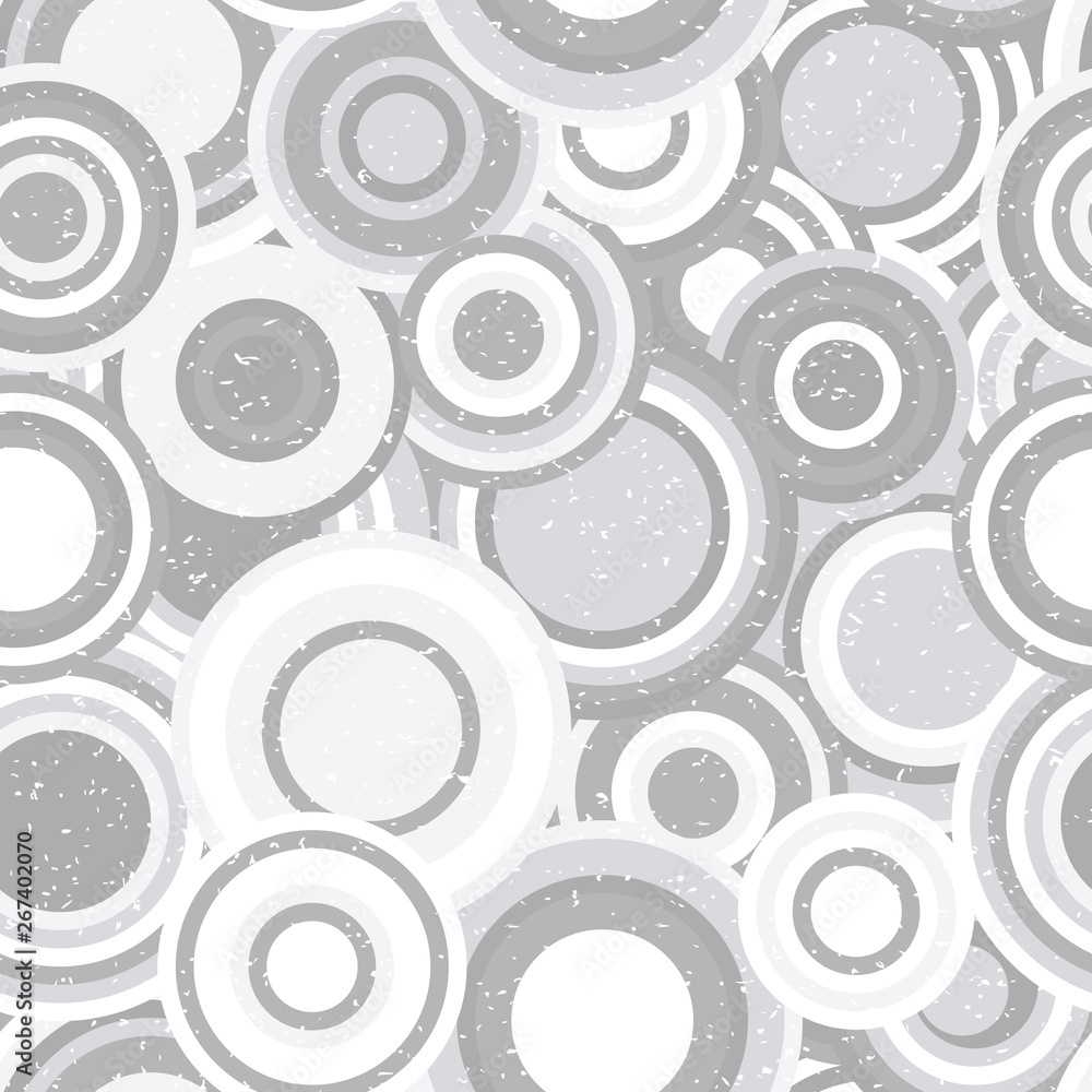 Poster Modern vector abstract seamless geometric pattern with  circles in retro scandinavian style. Neutral gray and white colored shapes with worn out texture.