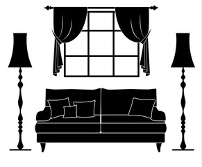 Silhouette of the interior with furniture. Vector living room stencil. Black and white room.