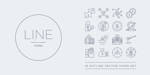 16 line vector icons set such as altcoin, ardor, asset, atm, auction hammer contains bank, banker, banking, best seller. altcoin, ardor, asset from cryptocurrency economy outline icons. thin, stroke