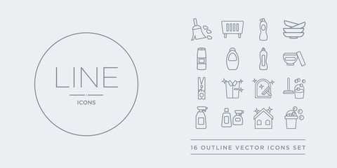 16 line vector icons set such as cleaning, cleaning house, cleaning products, spray, tools contains window, clothes clothes peg, cream. house, products from outline icons. thin, stroke elements - obrazy, fototapety, plakaty