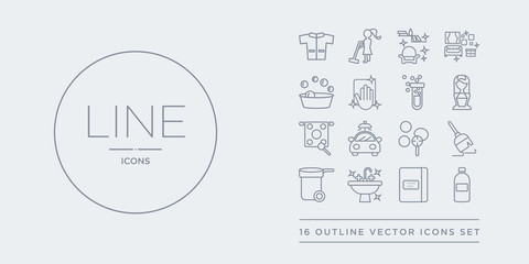 16 line vector icons set such as acid, baking soda, bathtub cleaning, bin, broom contains bubbles, car wash, carpet cleaning, charwoman. acid, baking soda, bathtub cleaning from outline icons. thin,