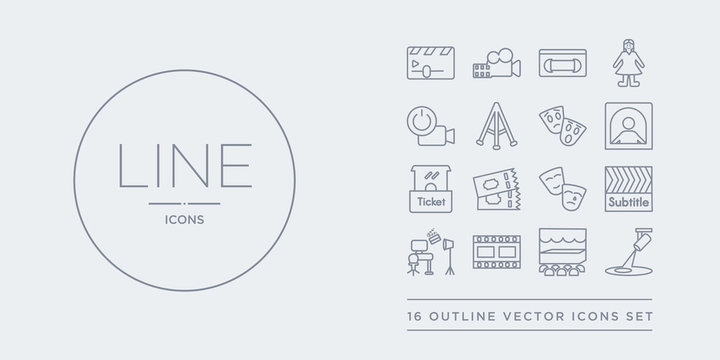 16 line vector icons set such as spotlight, stage, storyboard, studio, subtitle contains theatre, ticket, ticket office, ticket window. spotlight, stage, storyboard from cinema outline icons. thin,