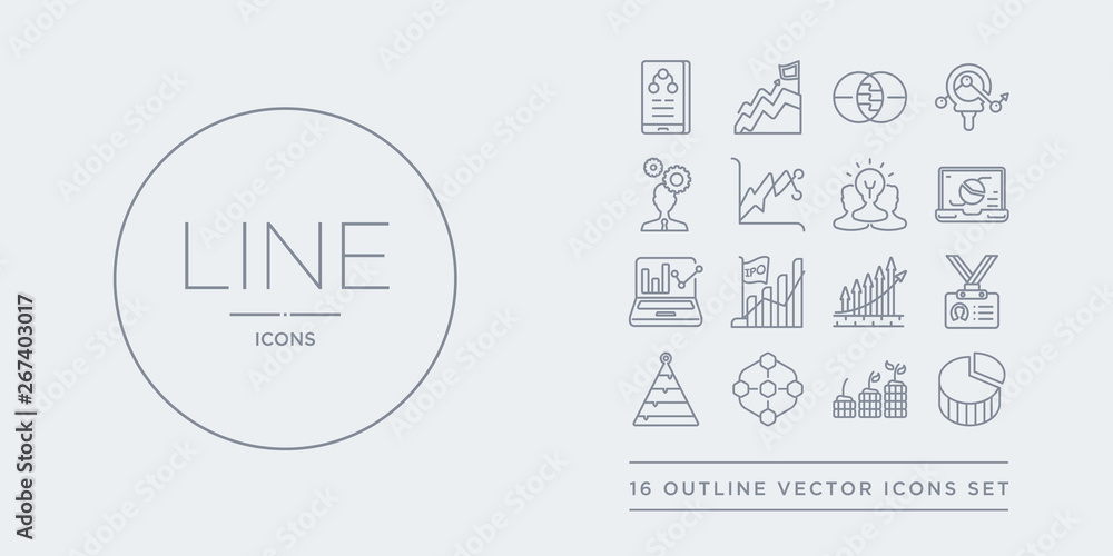 Poster 16 line vector icons set such as graph pie, growth, hexagonal interconnections, hierarchy, id card c