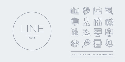 16 line vector icons set such as 3d location graph, agenda, analysis, analytic visualization, analytics contains analytics monitor, auction, bar chart, bar stats. 3d location graph, agenda, analysis