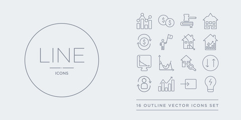 16 line vector icons set such as spot market/spot price, square mile, stagflation, stakeholder pensions, stamp duty (equities) contains stamp duty (housing), standard & poor's 500 stock index,