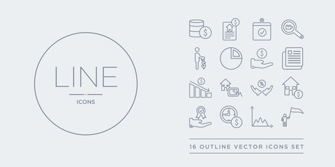 16 line vector icons set such as rally, random walk theory, rate of return, ratings agencies, real estate investment trusts contains real interest rate, real values, recession, regulatory news