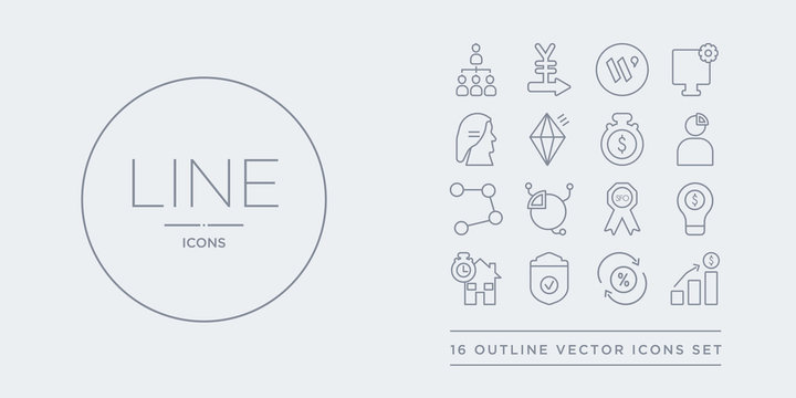 16 line vector icons set such as second-lien loan, variable rate mortgage, security, self-certification mortgage, self-select isa contains serious fraud office (sfo), share index, share options,