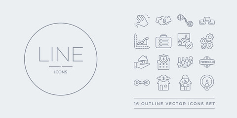 16 line vector icons set such as fixed costs, fixed-rate mortgage, flexible mortgage, foreign exchange (forex), freehold contains futures, gazumping, gazundering, gearing. fixed costs, fixed-rate