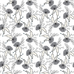 Obraz premium Floral vector seamless pattern with flowers, berries, leaves and twigs. Beautiful hand drawn bouquets in pastel colors in vintage style.