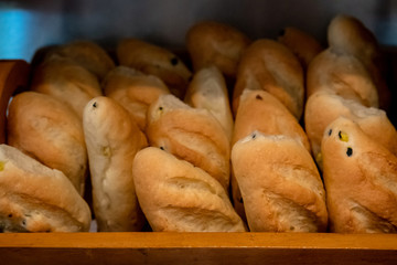 Fresh baguette bread on display. French bread