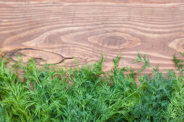 Fresh green organic dill on a wooden background.