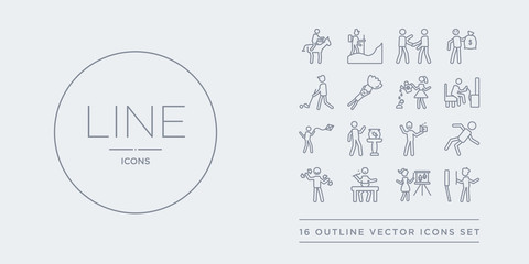 16 line vector icons set such as drawing, easel, eating, exercising, failure contains film making, fish bowl, flying a kite, game playing. drawing, easel, eating from activity and hobbies outline