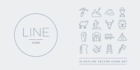 16 line vector icons set such as tomahawk, train rails, tumbleweed, whip, wigwam contains wild west cart, wild west saloon, wooden coffin, barrel. tomahawk, train rails, tumbleweed from desert © t-vector-icons