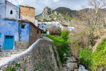 Fototapeta na wymiar Blue Buildings beside a Stream on a Mountain in Chefchaouen Morocco