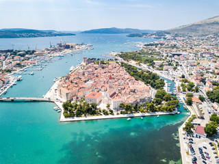 Aerial view of touristic old Trogir, historic town on a small island and harbour on the Adriatic...