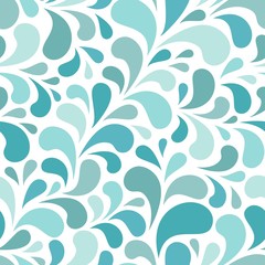 Naadloze abstracte patroon met blauwe en turquoise druppels of bloemblaadjes op witte achtergrond.