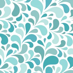 Fototapete Türkis Nahtloses abstraktes Muster mit blauen und türkisfarbenen Tropfen oder Blütenblättern auf weißem Hintergrund.