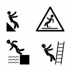 fall icon, stick figure warning, people fall down