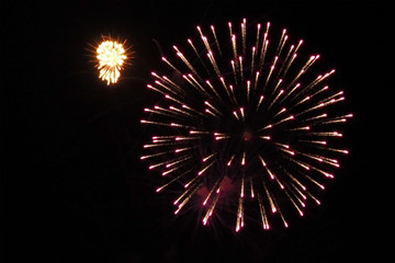 Colorful holiday fireworks on the black sky background