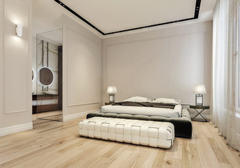 Modern interior design of master bedroom with large bathroom, king size bed with bed sheets, wooden flooring and classic style gray walls with decorative moldings, 3d rendering